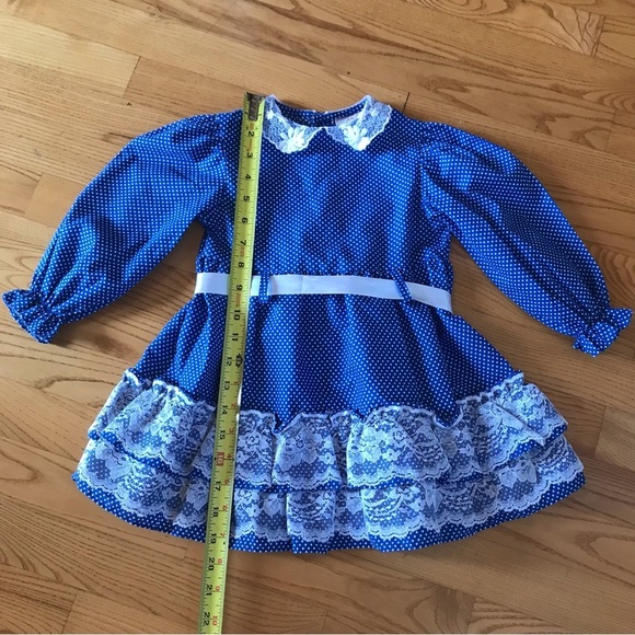 Jill Lynn vintage Dress royal blue white polka dot lace ribbon long sleeve T3 3T - Picture 10 of 14